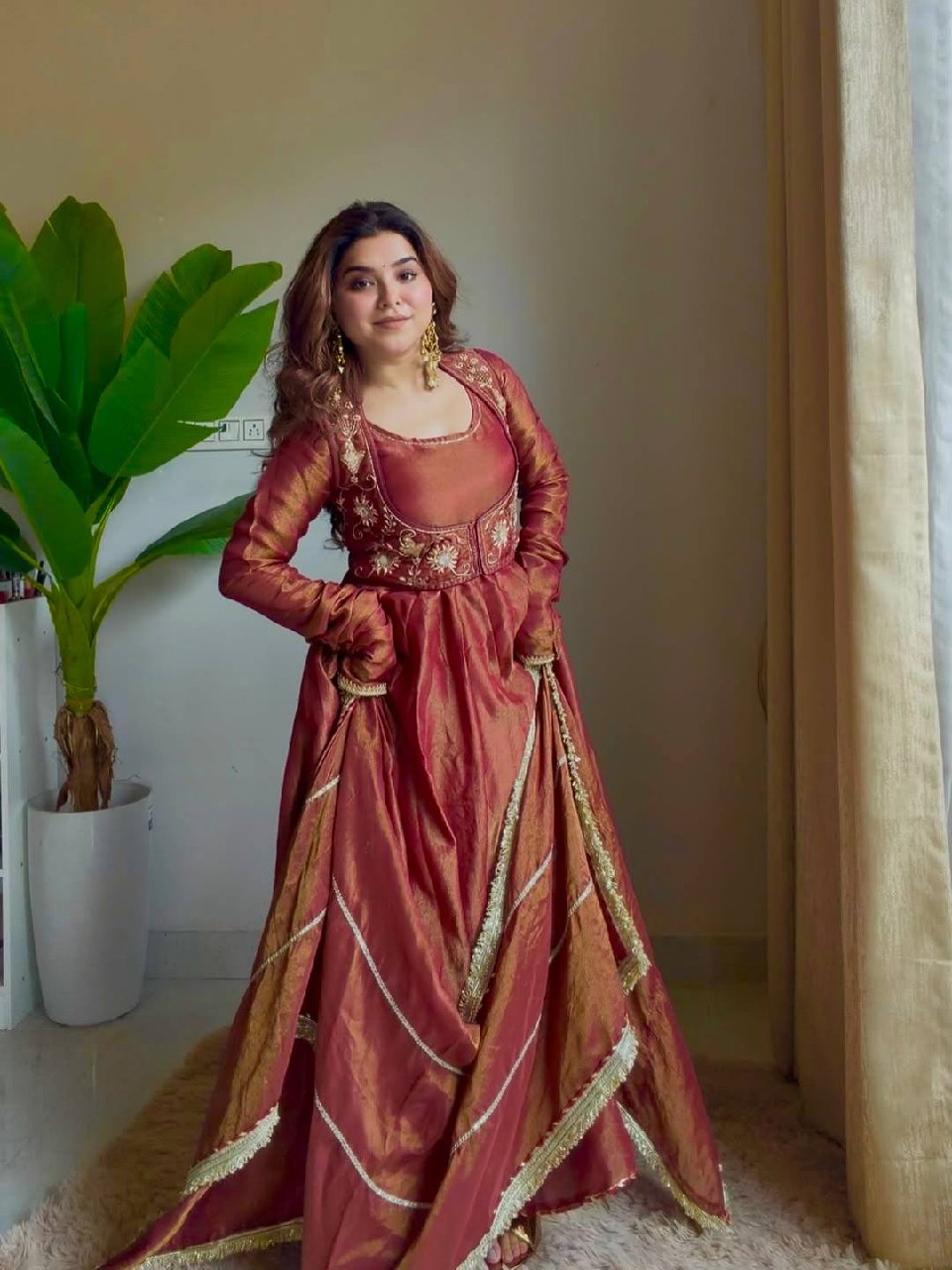 Regal Terracotta Zari-Bodice Anarkali Set